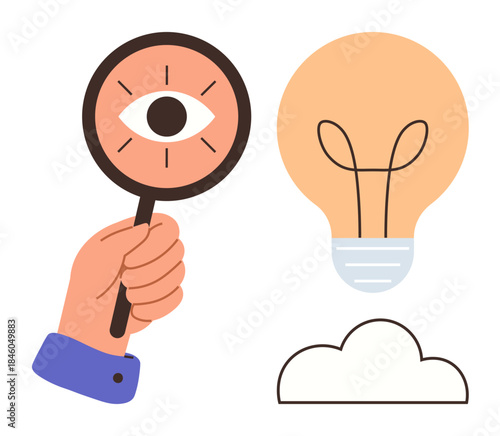 Hand holds magnifying glass with eye, emphasizing discovery and vision. Light bulb highlights idea and creativity, cloud adds abstraction. Ideal for research, vision, innovation, creativity