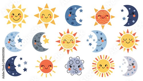 Playful Sun and Moon Illustrations, Kids' Art, Digital Design, Bright Colors, Whimsical, Cheerful Vibes