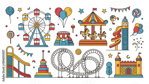 Ferris Wheel, Carousel, Roller Coaster, and More in a Colorful Festival Environment