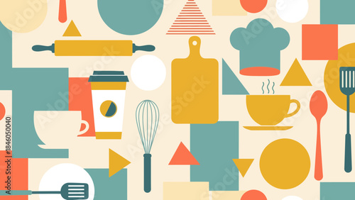 Kitchen Utensils, Ingredients, and Coffee in a Colorful Graphic Design Environment