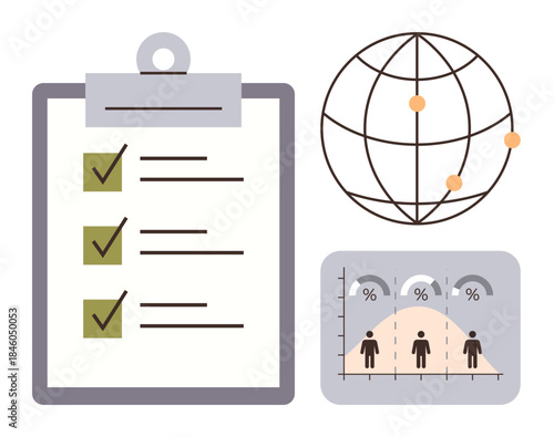 Checklist with ticked tasks, globe connecting points, and statistical chart with people. Ideal for organization, analytics, reports, teamwork, planning global reach productivity. Simple flat