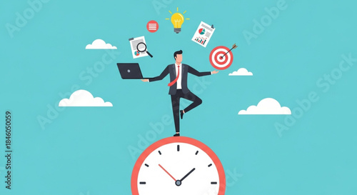 Businessman Balancing on Clock Representing Time Management and Productivity in a Conceptual Office Environment