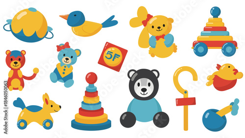 Playful Action with Colorful Toy Animals, Child's Room, Digital Illustration, Whimsical Environment, Top-Down View, Creative Concept