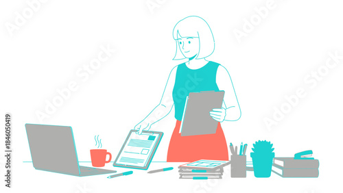 Illustration of a woman at a desk with a laptop, tablet and paperwork vector