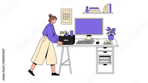 Illustration of a woman at a modern office desk with a computer and office supplies