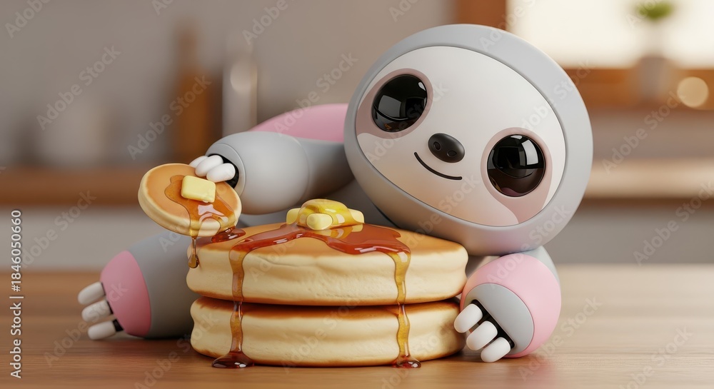 Obraz premium Adorable stylized sloth character enjoys a stack of syrup drenched breakfast cakes