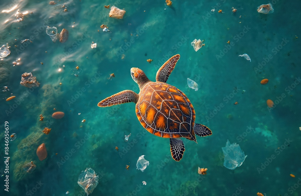 Fototapeta premium Top view of sea turtle swims through ocean water covered with plastic trash. Marine animal navigates around floating garbage bags bottles and nets. Environmental crisis deepens.