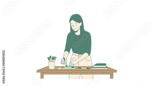 Illustration of a woman drawing or writing on paper on a wooden table setup