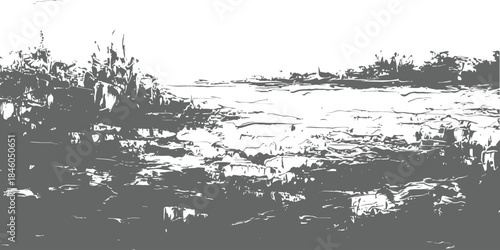 Monochrome Grunge Landscape Vector Background Distressed Nature Scenery Illustration Artistic Riverbank Texture Graphic Resource