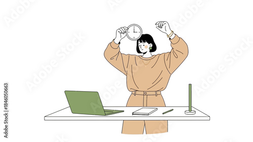 Illustration of a woman holding a clock above her head at her desk