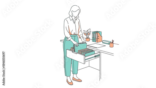 Illustration of a woman organizing files in an office setting workplace drawing isolated on white