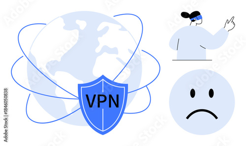 VPN security concept. VPN ensures privacy when navigating online with a secure global connection. VPN protects against identity threats and enhances data privacy. Perfect for technology