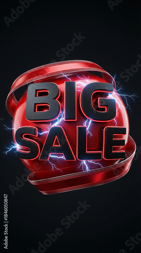 Big Sale 3D Text Black Material with Red Glow on Minimal Red Background