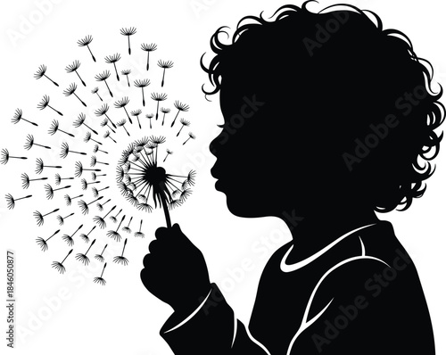 Child blowing dandelion flower silhouette illustration, innocent childhood moment with flying seeds, black and white nature imagination concept