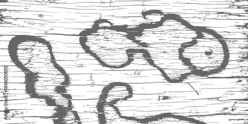 Grunge Wood Grain Texture with Abstract Worn Graffiti Marks Black and White Vector Background