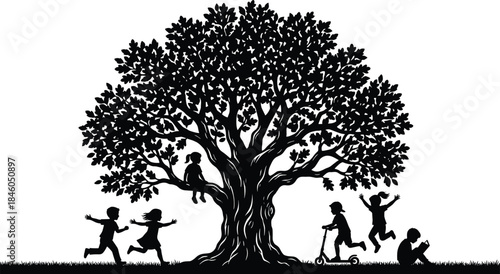 Children playing under big tree silhouette, happy childhood outdoor activity, nature playground scene, family freedom concept illustration