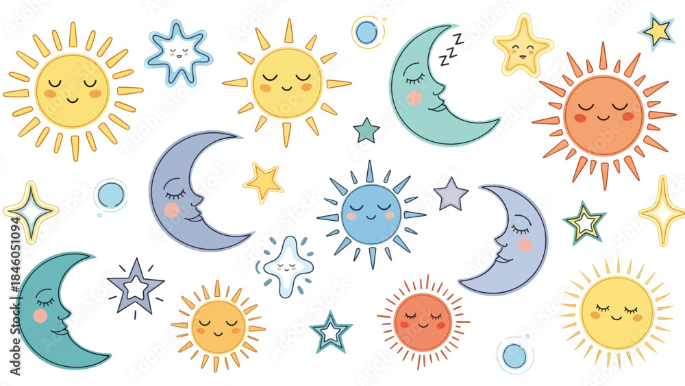 Obraz premium Cheerful Suns and Moons Pattern Illustration for Kids, Whimsical Graphic Design, Playful Atmosphere