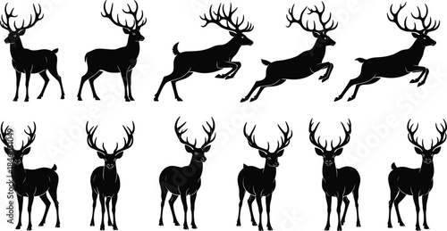 Stag Buck Reindeer Silhouettes Set Collection Various Poses Jumping Standing Black Vector Illustration Graphic Design Wildlife Nature Hunting Christmas Icon Elements.