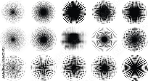 Dynamic set of abstract black and white circular graphic elements showcasing diverse radial patterns, halftone textures, and gradient effects for creative design projects