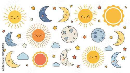 Cheerful Sun and Moon Illustrations for Kids' Room Decor, Playful Design, Whimsical Atmosphere, Graphic Art