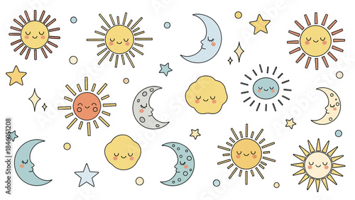 Cheerful Sun and Moon Pattern, Playful Celestial Design, Whimsical Illustration, Creative Art, Bright and Colorful Environment