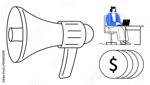 Digital marketing concept. Digital marketing symbols thumbs up a megaphone, remote work setup, and financial growth icons. Digital marketing enhancing business growth. For advertising, finance