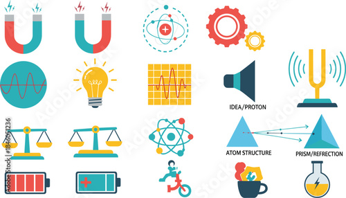 A collection of science and technology concept icons, illustrating principles like magnetism, electricity, sound, and atomic structure. Ideal for educational and innovative projects