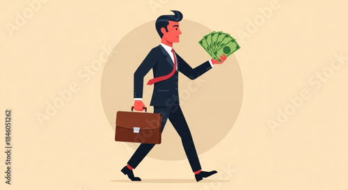 Businessman Walking Holding Briefcase and Cash Illustration, Finance Concept, Isolated Background, Side View, Successful Professional