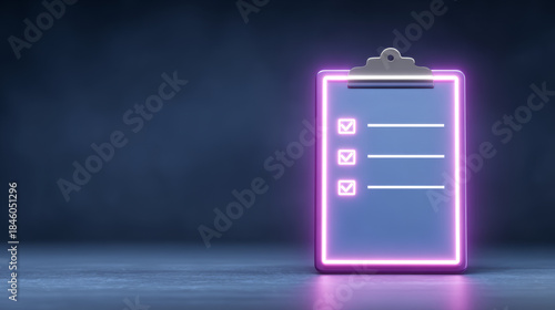 Neon clipboard checklist glowing task list pink blue light minimal office tool dark background productivity concept three check box futuristic design business planning reminder note Neon clipboard
