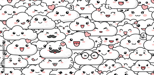 Cute kawaii cloud characters with hearts and glasses, cartoon style, playful and charming