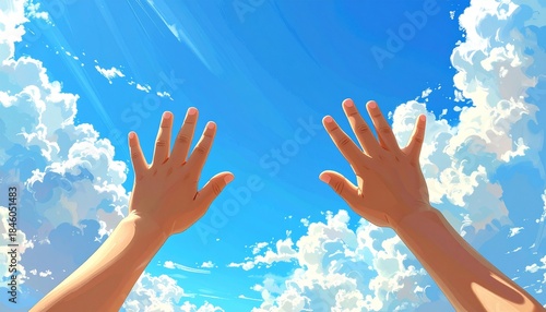青空に手をかざす子供達の手　AI生成素材