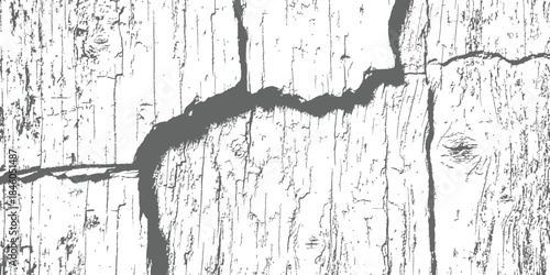 Cracked wood grunge texture overlay Distressed vector background of old weathered plank surface with deep fissures