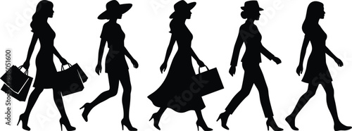 Fashionable women walking silhouettes carrying shopping bags, stylish female figures in different outfits, black and white fashion lifestyle illustration