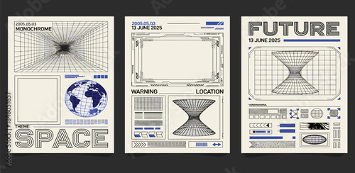 Futuristic Space Exploration and Cosmic Journey Posters with Geometric Wireframe and Earth Globe Graphics