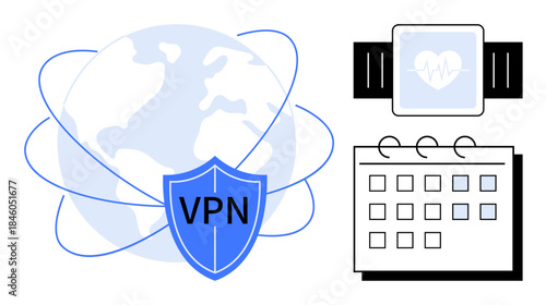 Globe with VPN shield depicting secure connection, smartwatch showing heartbeat for health tracking, and calendar symbolizing scheduling. Ideal for security, technology, health, time management