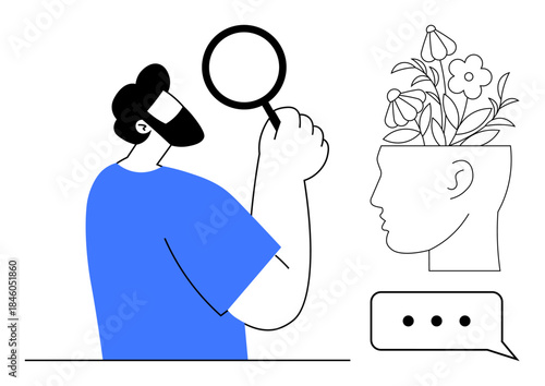 Bearded man holding magnifying glass observes head with blooming plants, symbolizing growth, mindfulness, and ideas. Ideal for mental health, self-growth, analysis, creativity, reflection