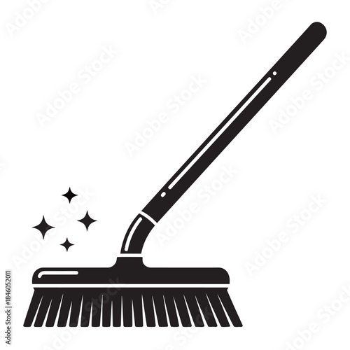 Simple black silhouette of a push broom or cleaning brush with a long handle, symbolizing housekeeping, hygiene, tidiness, and domestic chores.