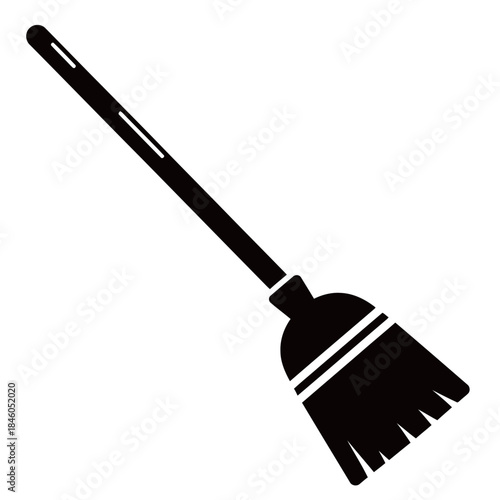 Simple black silhouette of a push broom or cleaning brush with a long handle, symbolizing housekeeping, hygiene, tidiness, and domestic chores.