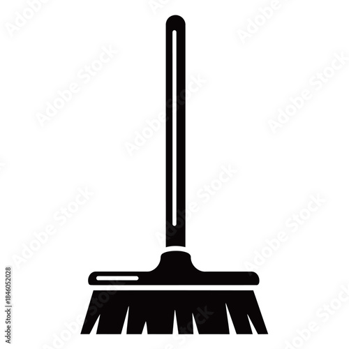 Simple black silhouette of a push broom or cleaning brush with a long handle, symbolizing housekeeping, hygiene, tidiness, and domestic chores.