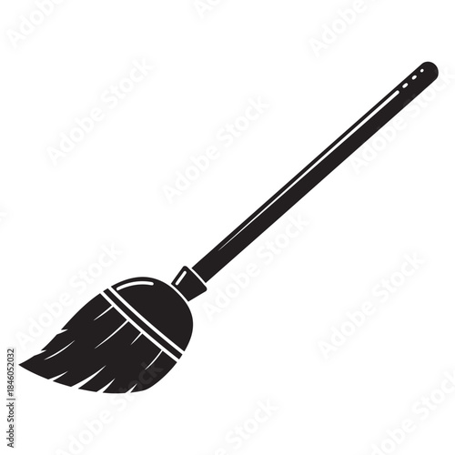 Simple black silhouette of a push broom or cleaning brush with a long handle, symbolizing housekeeping, hygiene, tidiness, and domestic chores.