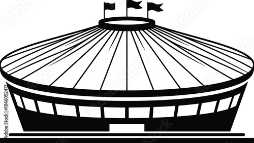 Modern stadium or arena silhouette illustration with flags and circular roof, black and white sports architecture icon isolated background