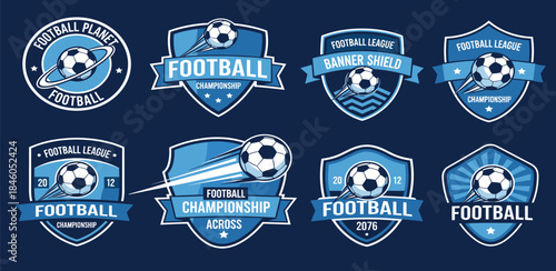 Collection of blue and white football league championship badges and emblems, featuring soccer balls and shields