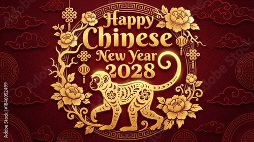 Happy Chinese New Year 2028, featuring elegant monkey silhouette, ornate flowers, and festive decorative elements on red background