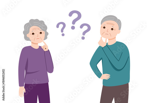 Thinking seniors couple. Confused elderly people. Grandfather, grandmother forget and trying remember. Troubled old senior discussion, aging seniors worried talking cartoon vector illustration