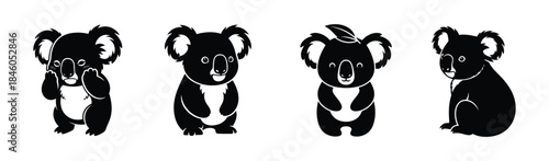 Charming set of four stylized black and white koala illustrations for wildlife-themed graphic designs and playful digital assets