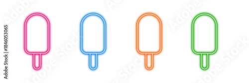 Neon glowing ice pop vector icons set, popsicle, summer treat, cold, sweet, vibrant colorful digital design illustration on transparent background.