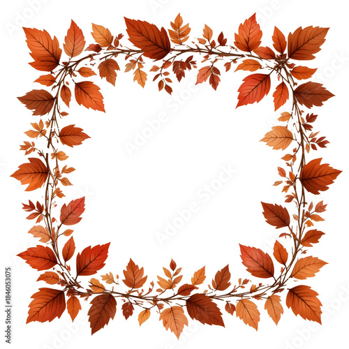 Autumn leaves square frame with warm orange foliage, fall botanical border design, seasonal decorative background, elegant leaf frame isolated on white