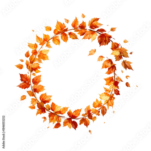 Elegant autumn leaves circular wreath in warm orange tones, fall foliage frame design, seasonal decoration element, botanical autumn border isolated on white background