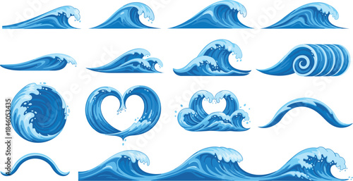 Collection of Various Styles of Ocean Waves and Water Splashes, Isolated on White Background