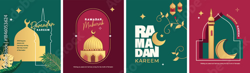 Islamic festival poster background design with mosque, flower, arabic calligraphy, crescent moon and lantern. Suitable for Ramadan Kareem , Hari Raya, Eid Mubarak, Eid al Adha.